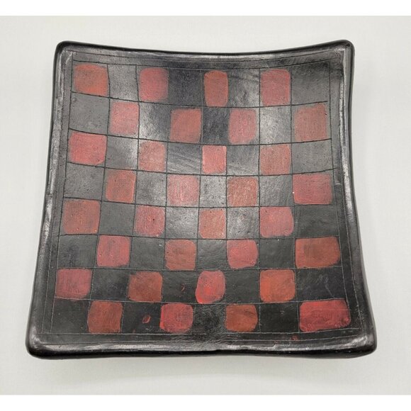 Art Pottery Checkerboard Pattern Bowls Red Black Matte Finish Set of Two - Picture 7 of 9